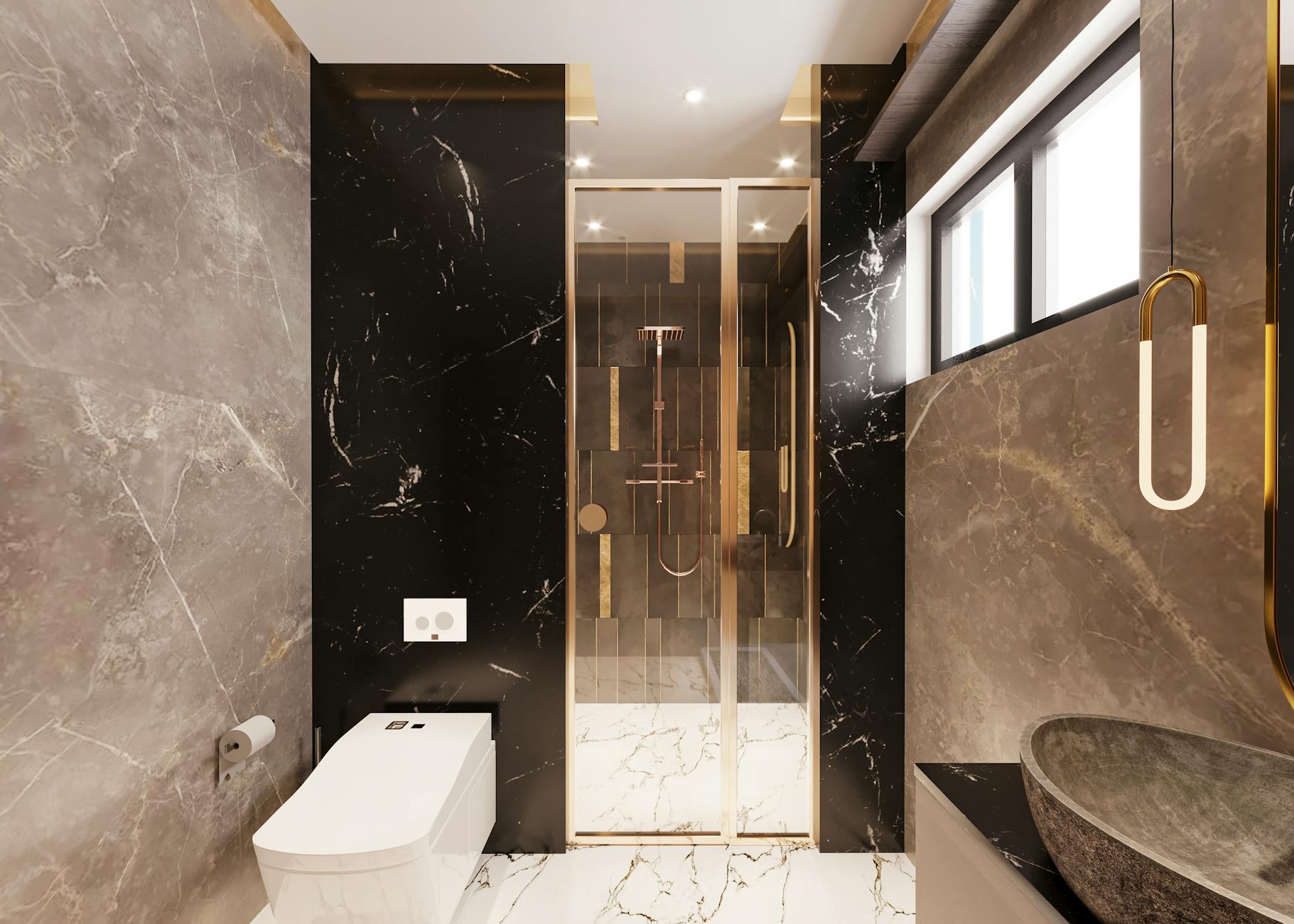 Modern luxury bathroom renovation with marble tiles and freestanding bath in Dubai